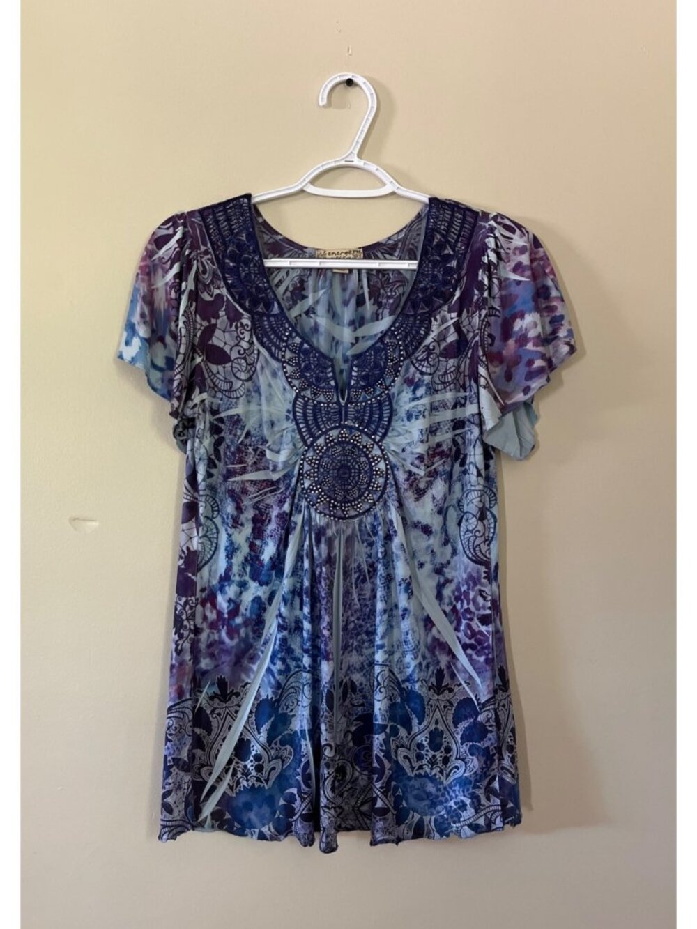 Energe World Wear Womens Medium Petite Purple Blue Bohemian Tunic Flutter Sleeve